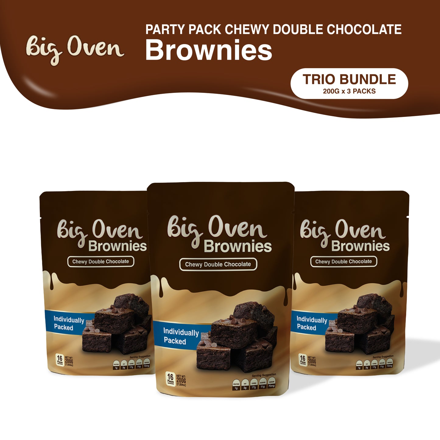 Party Pack Chewy Double Chocolate Brownies 200g TRIO BUNDLE