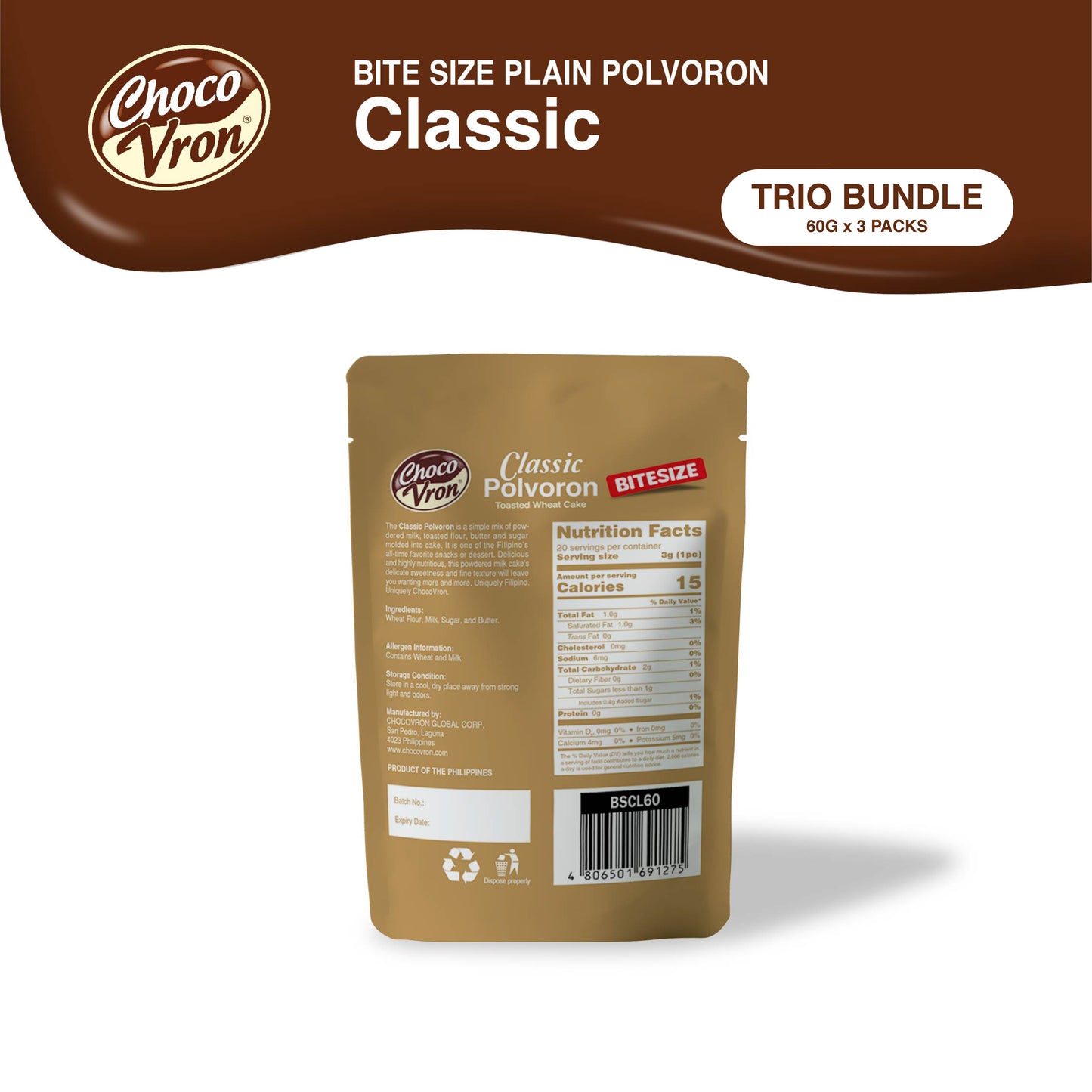 Bite Size Plain Classic Polvoron 60g TRIO BUNDLE