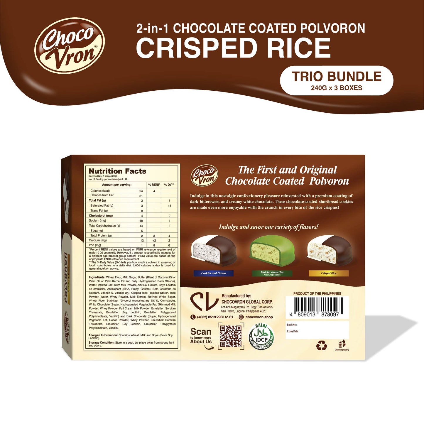Gift Box 2 in 1  Chocolate Coated Crisped Rice Polvoron 240g TRIO BUNDLE