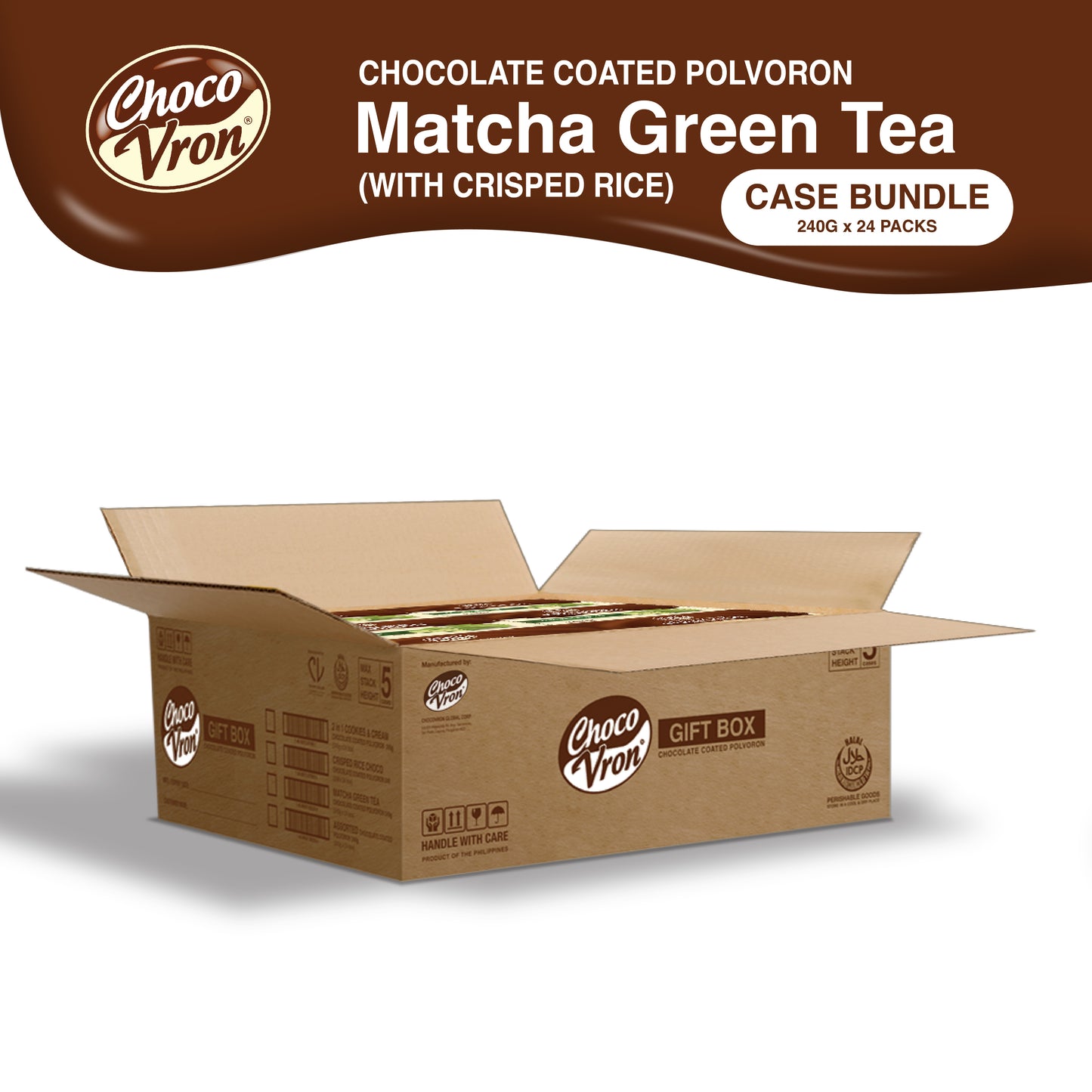 Gift Box Chocolate Coated Matcha Green Tea Polvoron with Crisped Rice 240g CASE BUNDLE