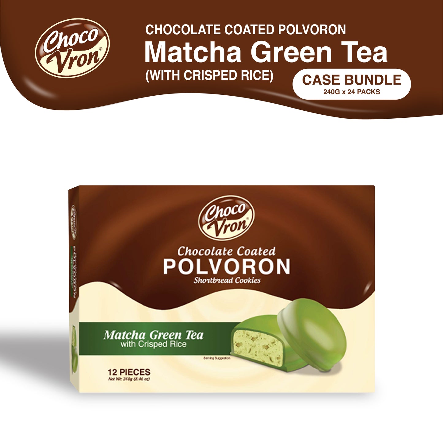 Gift Box Chocolate Coated Matcha Green Tea Polvoron with Crisped Rice 240g CASE BUNDLE