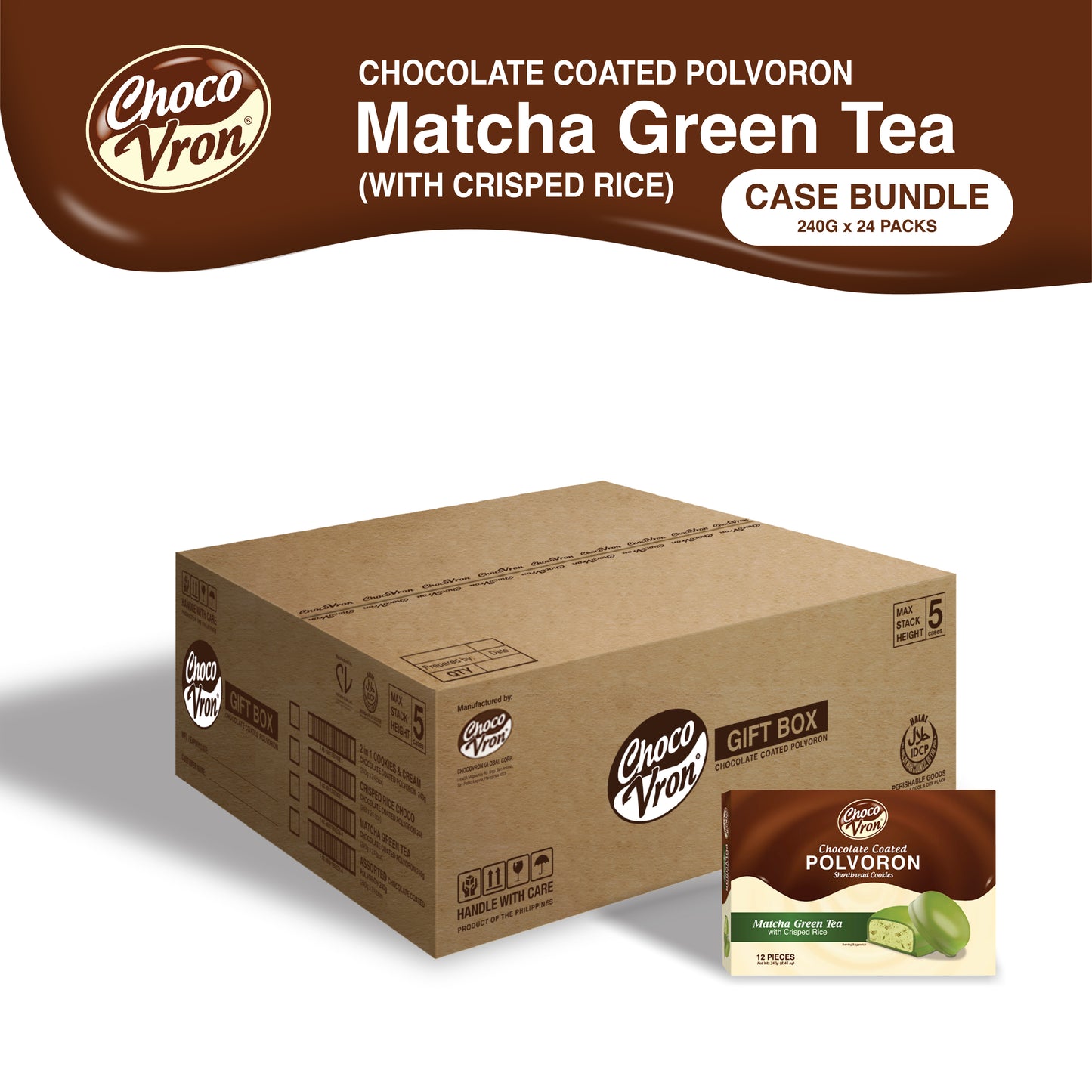 Gift Box Chocolate Coated Matcha Green Tea Polvoron with Crisped Rice 240g CASE BUNDLE