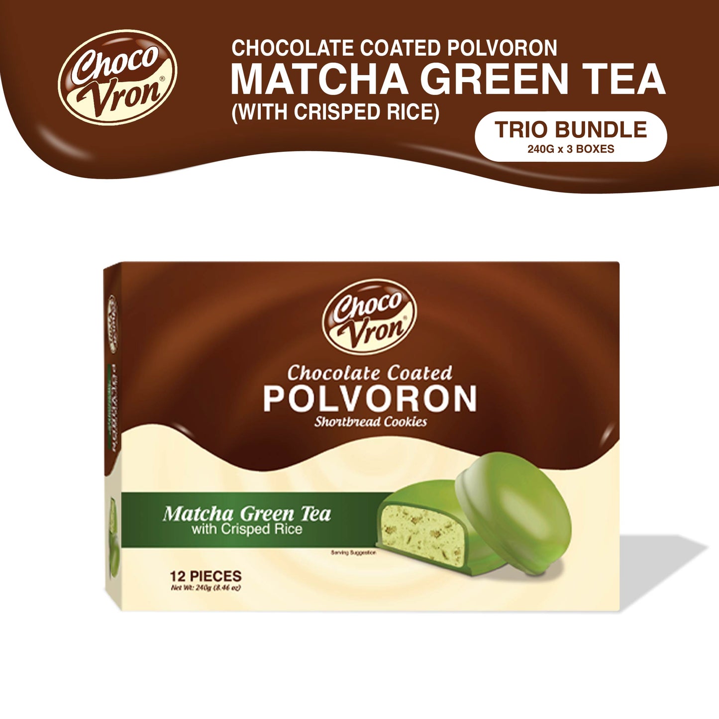 Gift Box Chocolate Coated Matcha Green Tea Polvoron with Crisped Rice 240g TRIO BUNDLE