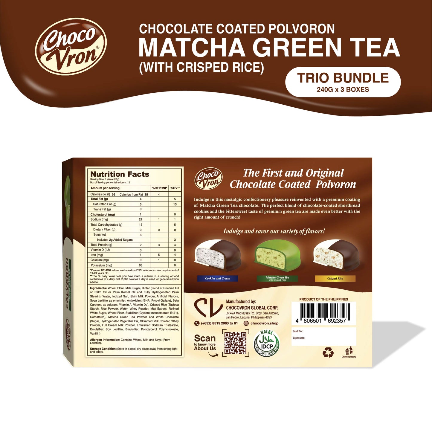 Gift Box Chocolate Coated Matcha Green Tea Polvoron with Crisped Rice 240g TRIO BUNDLE