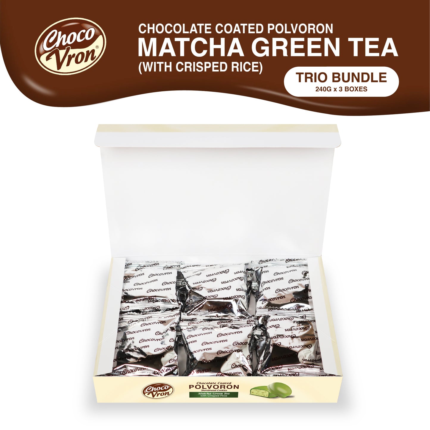 Gift Box Chocolate Coated Matcha Green Tea Polvoron with Crisped Rice 240g TRIO BUNDLE