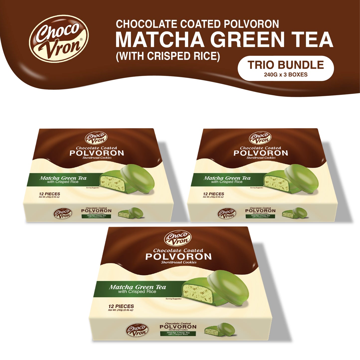 Gift Box Chocolate Coated Matcha Green Tea Polvoron with Crisped Rice 240g TRIO BUNDLE