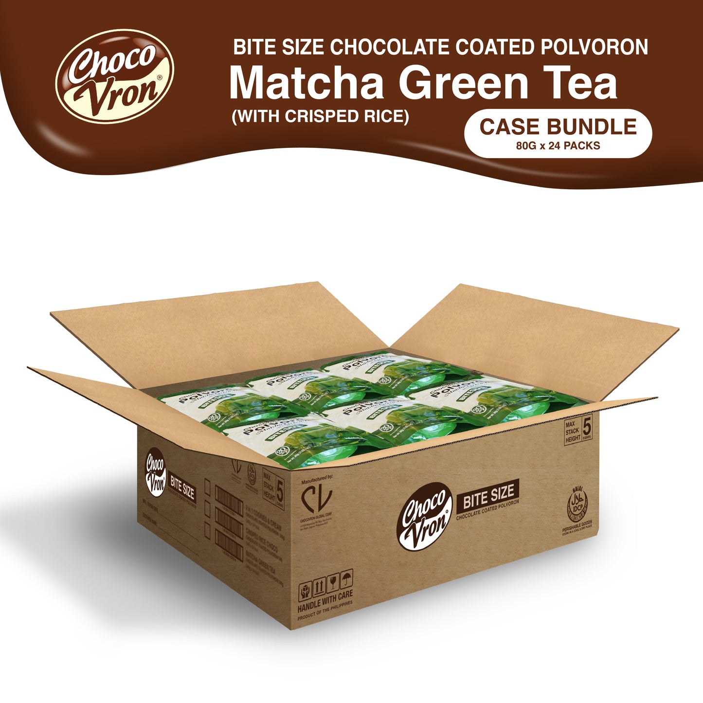 Bite Size Chocolate Coated Matcha Green Tea with Crisped Rice 80g Polvoron CASE BUDNLE