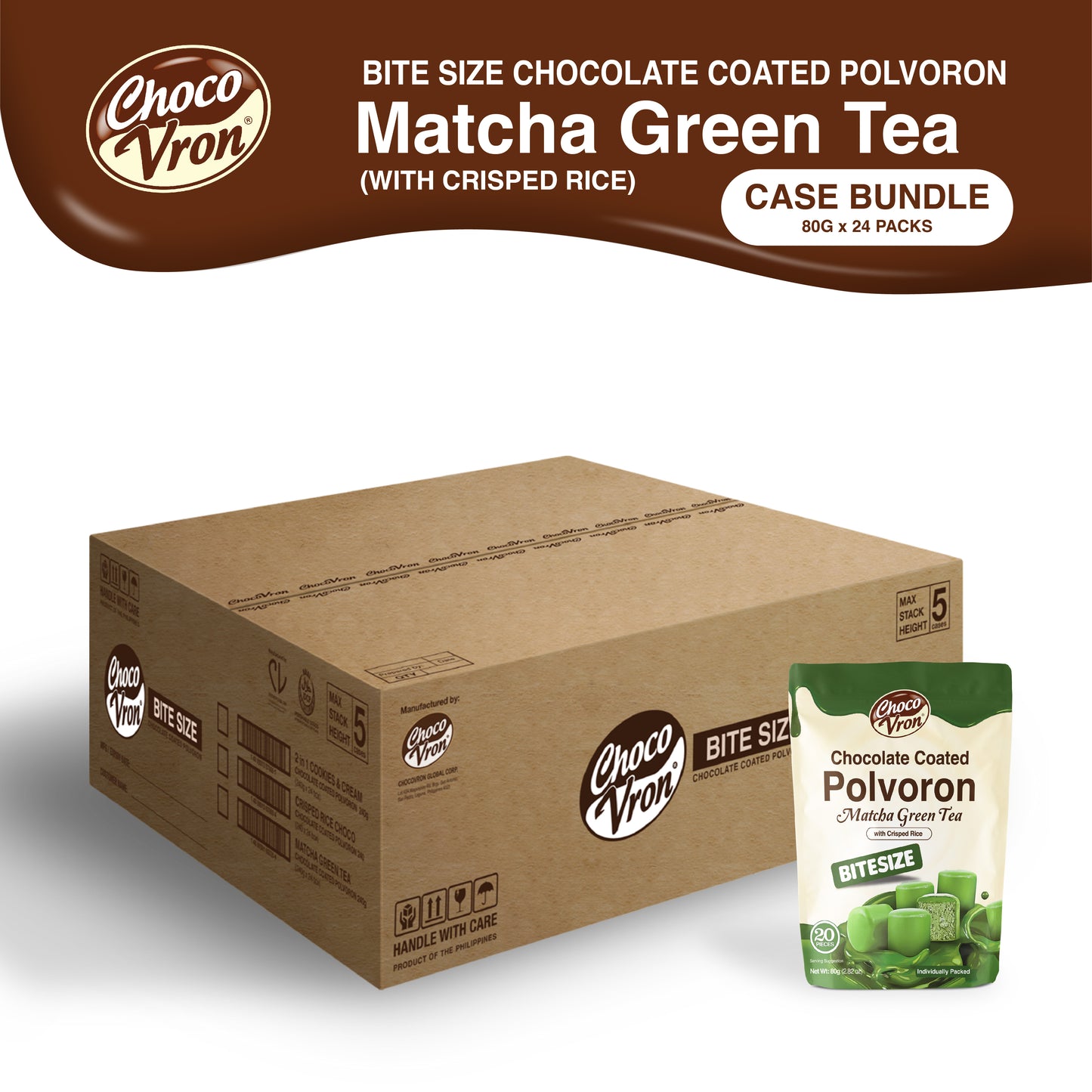 Bite Size Chocolate Coated Matcha Green Tea with Crisped Rice 80g Polvoron CASE BUDNLE
