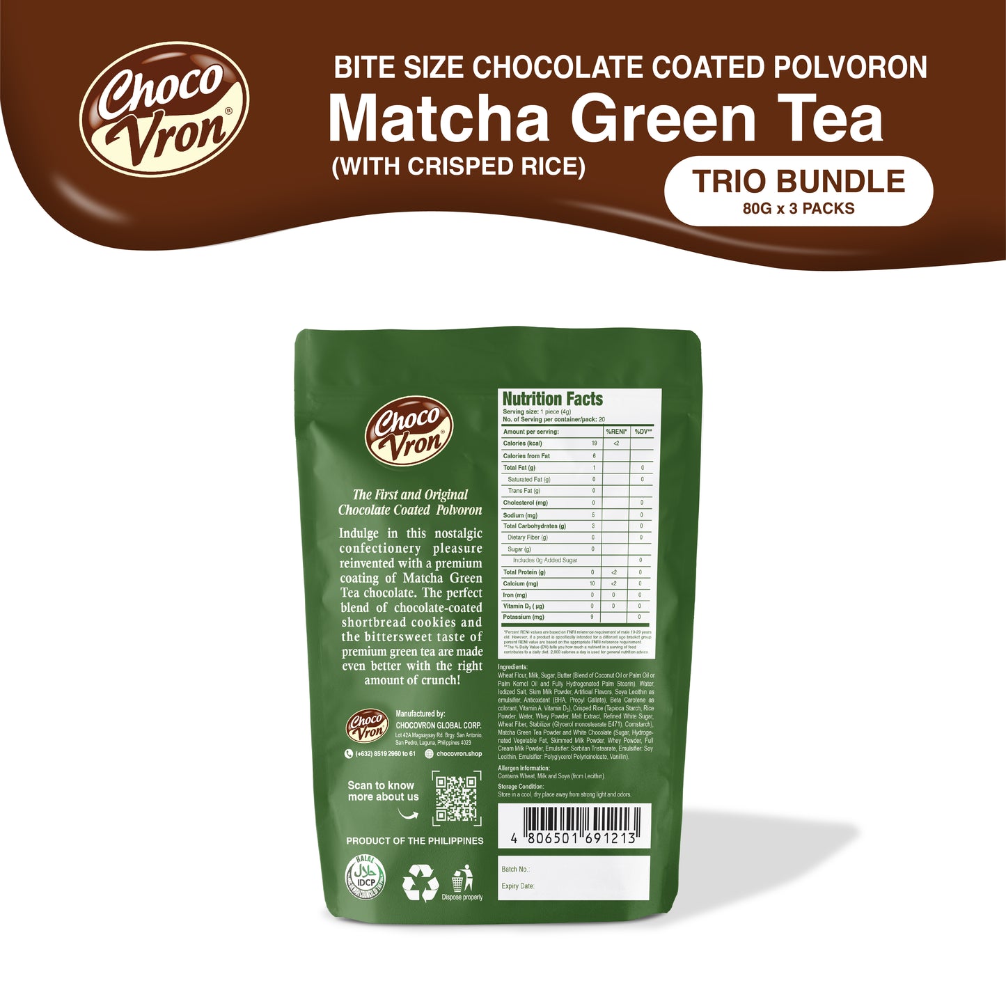 Bitesize Chocolate-coated Matcha Polvoron with crisped rice 80g TRIO BUNDLE