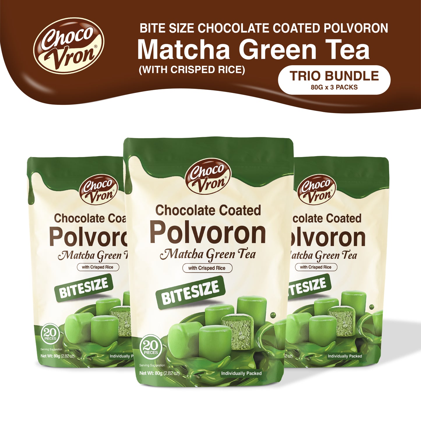 Bitesize Chocolate-coated Matcha Polvoron with crisped rice 80g TRIO BUNDLE