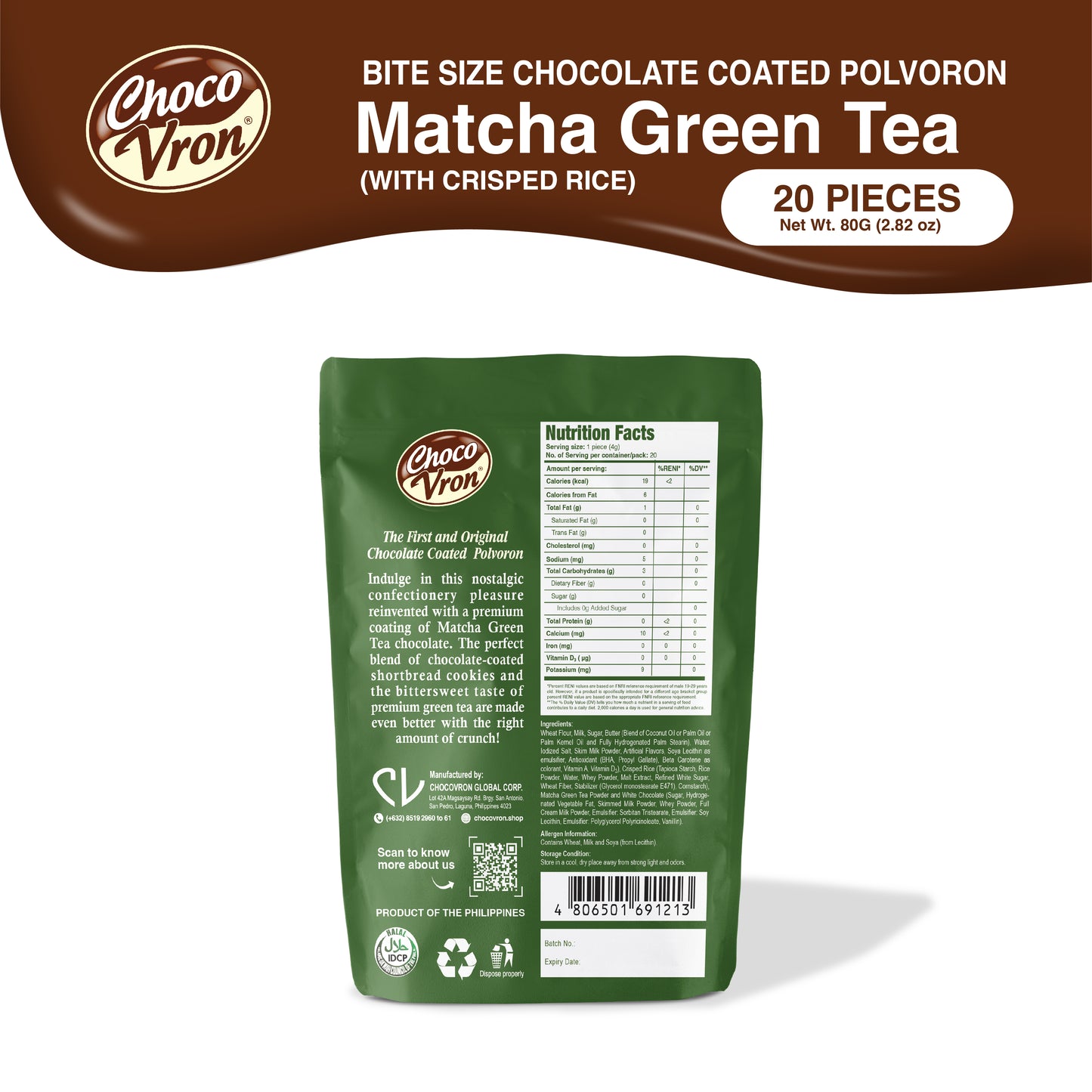 Bite Size Chocolate Coated Matcha Green Tea with Crisped Rice Polvoron -  80g
