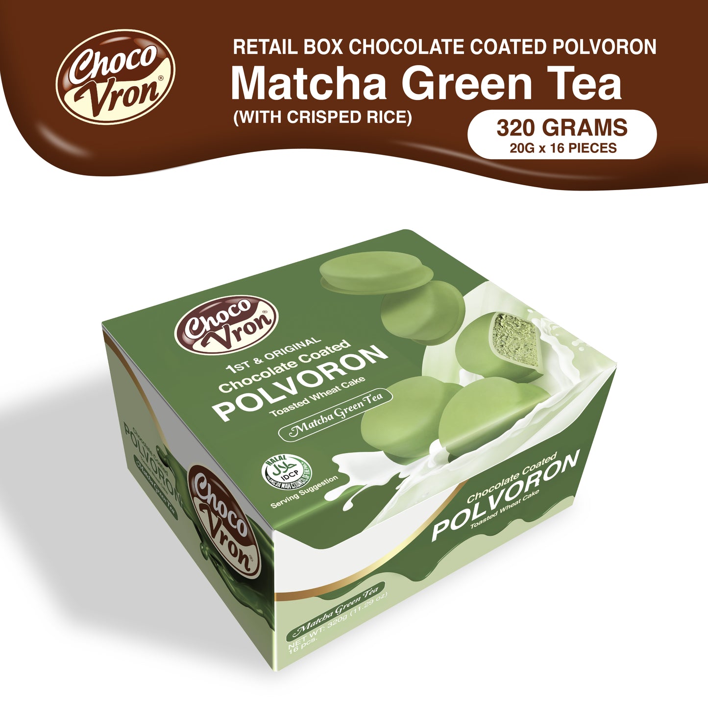 Retail Box Chocolate-coated Matcha Green Tea with Crisped Rice Polvoron 320g