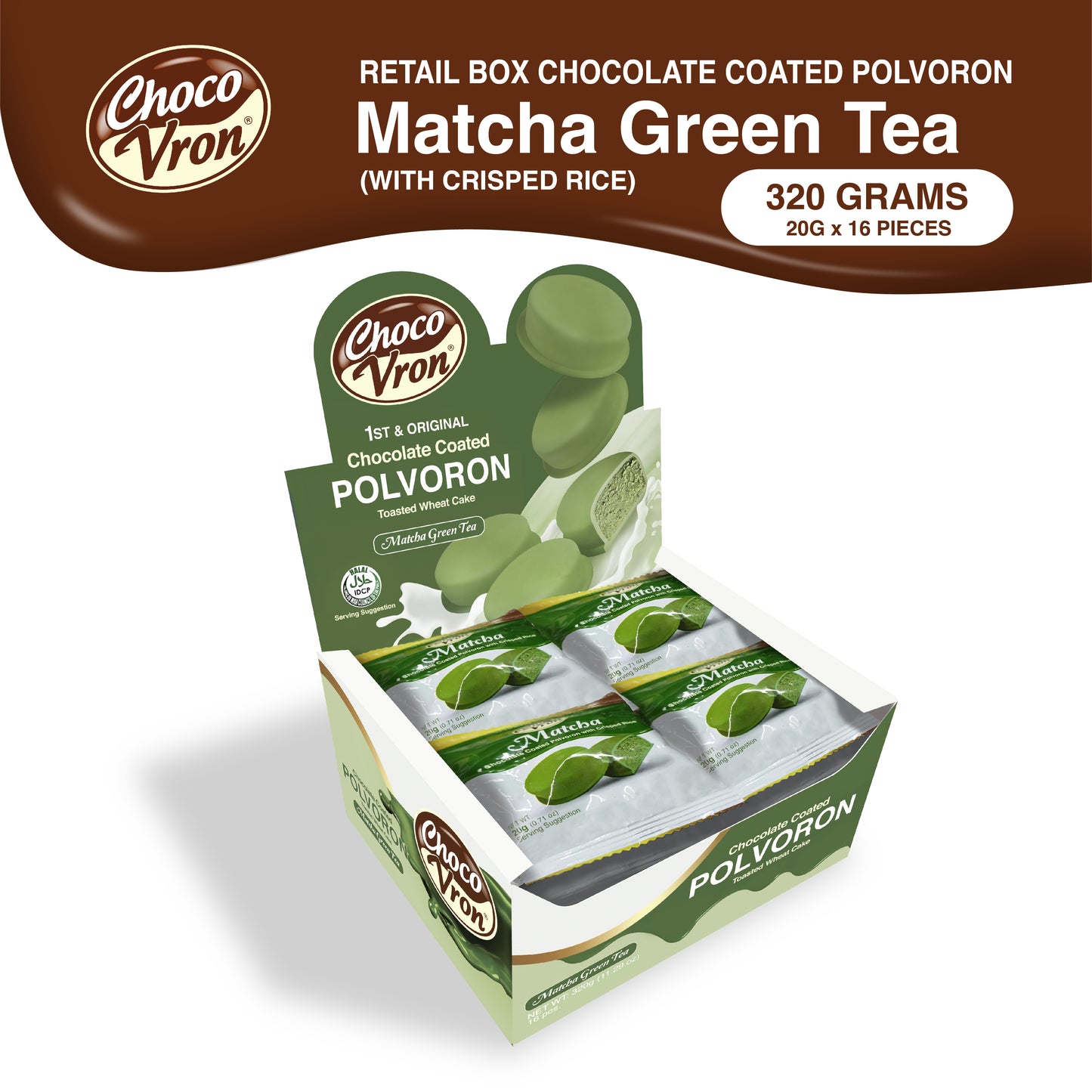 Retail Box Chocolate-coated Matcha Green Tea with Crisped Rice Polvoron 320g
