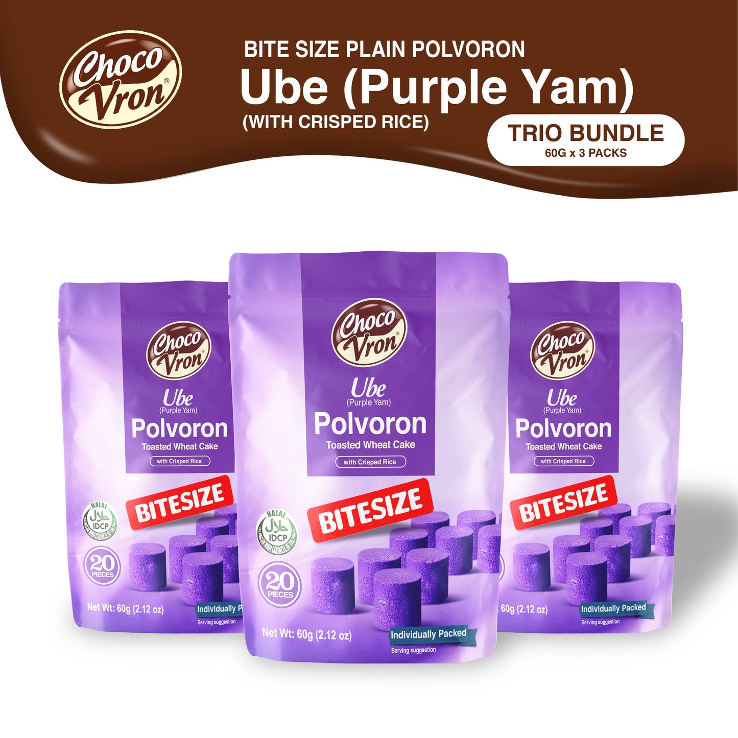 Bite Size Plain Ube Polvoron 60g TRIO BUNDLE