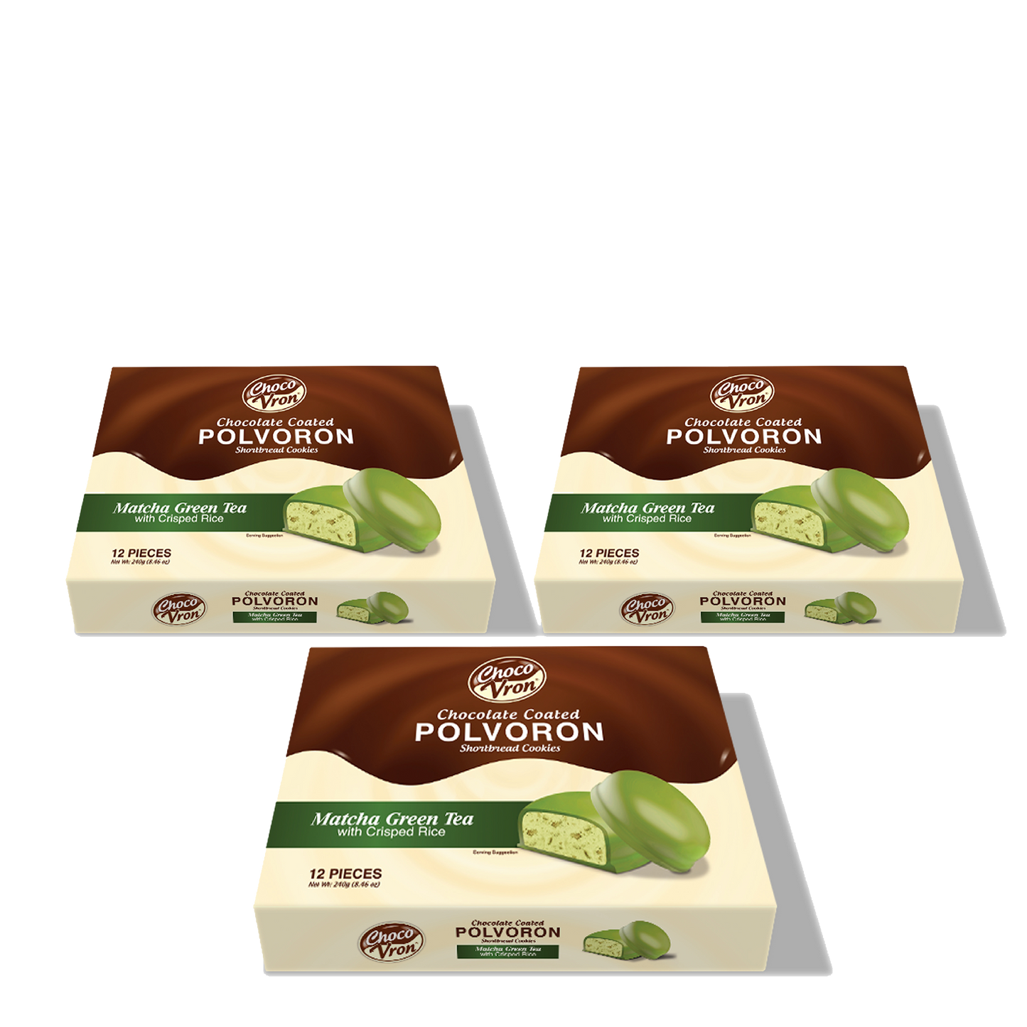 Gift Box Chocolate Coated Matcha Green Tea Polvoron with Crisped Rice 240g TRIO BUNDLE