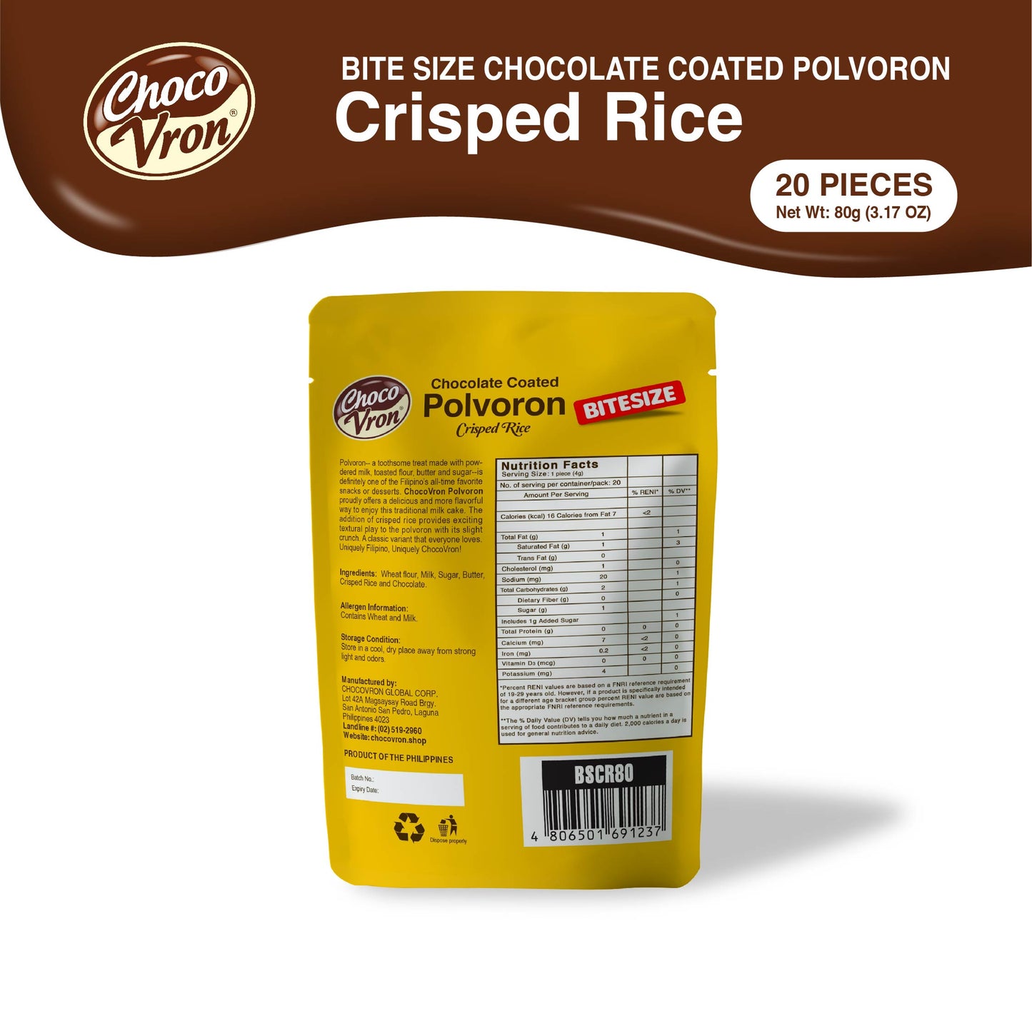 Bite Size Chocolate Coated Crisped Rice Polvoron 80g