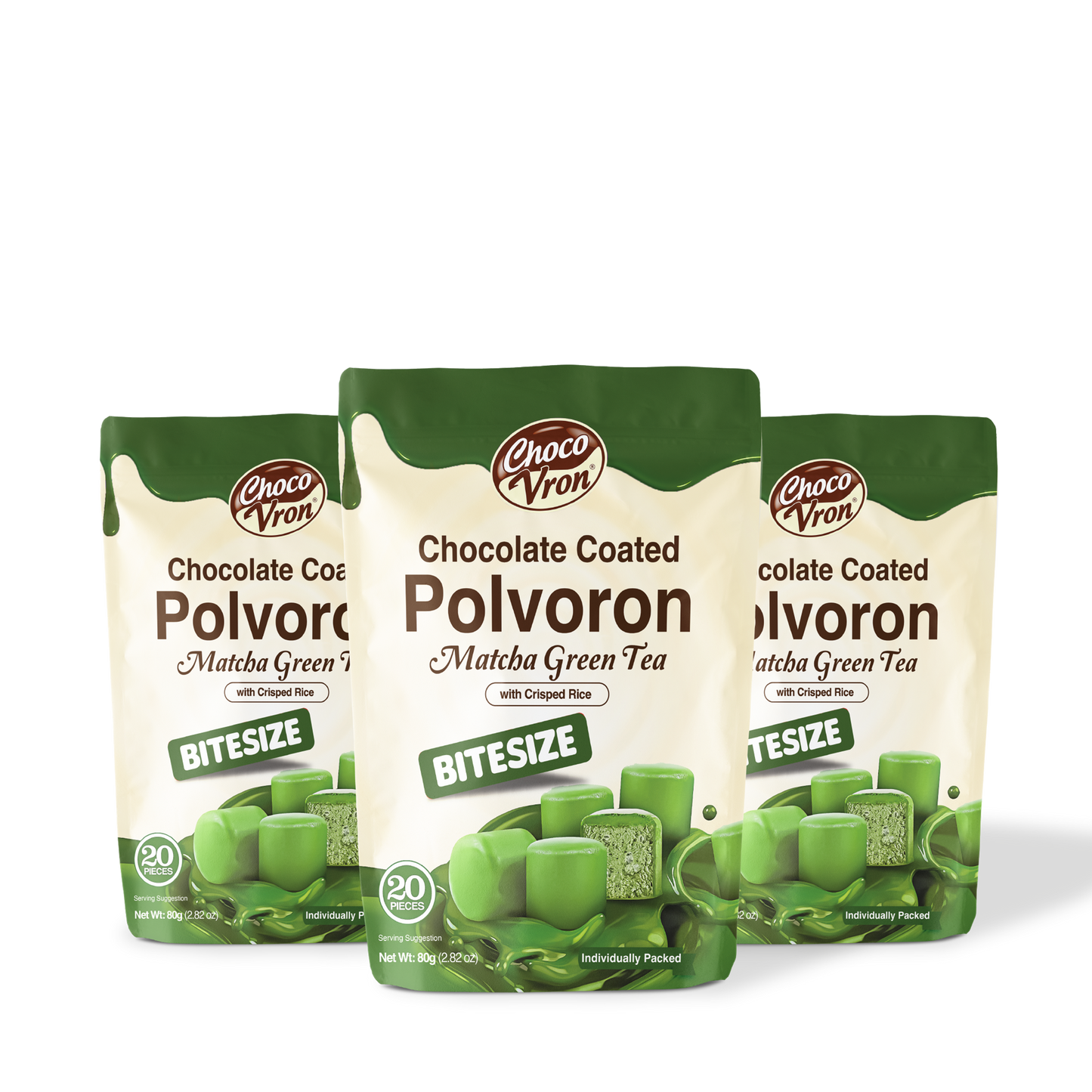 Bitesize Chocolate-coated Matcha Polvoron with crisped rice 80g TRIO BUNDLE