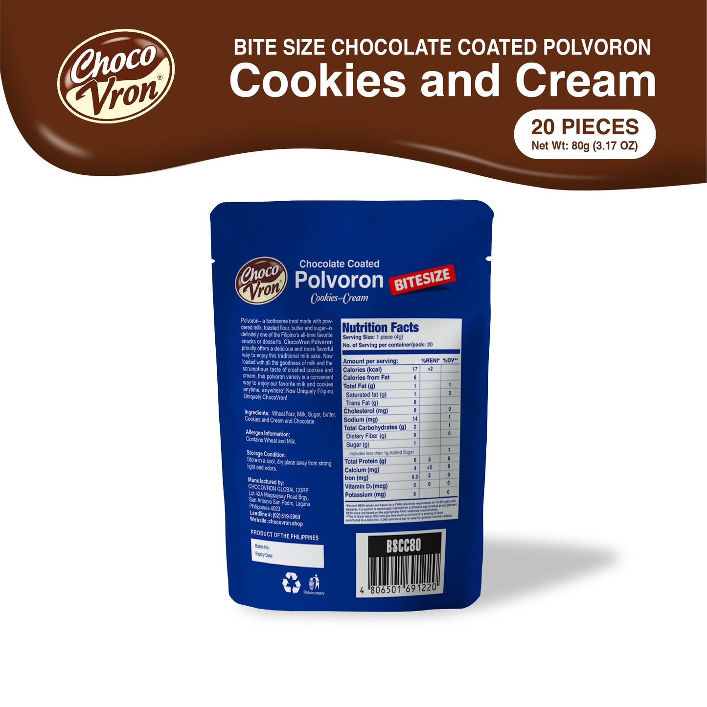 Bite Size Chocolate Coated Cookies and Cream Polvoron 80g