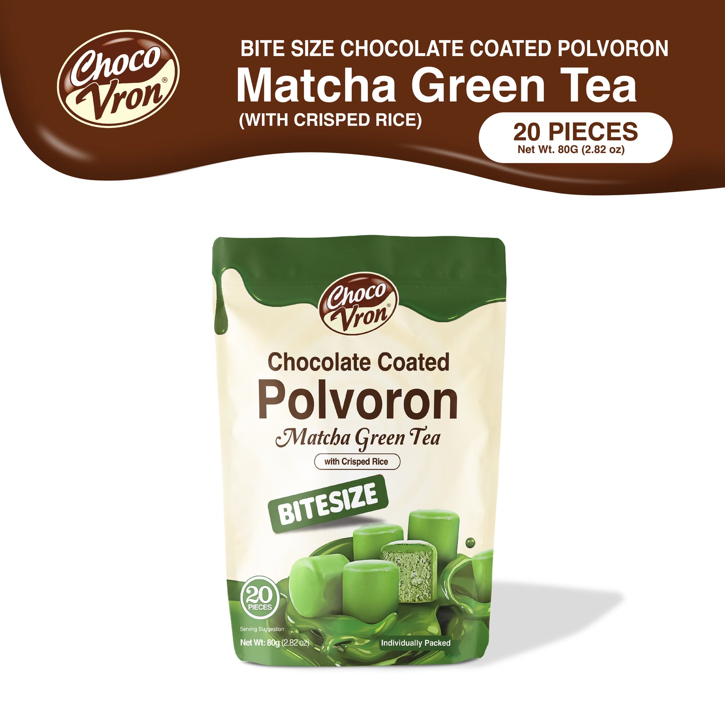 Bite Size Chocolate Coated Matcha Green Tea with Crisped Rice Polvoron -  80g